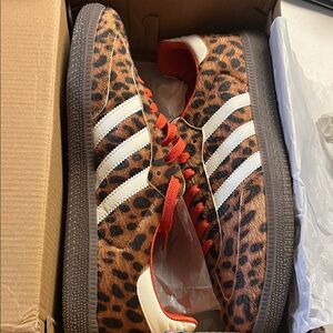 adidas Leopard-Print Sneakers with White Stripes and Orange Laces